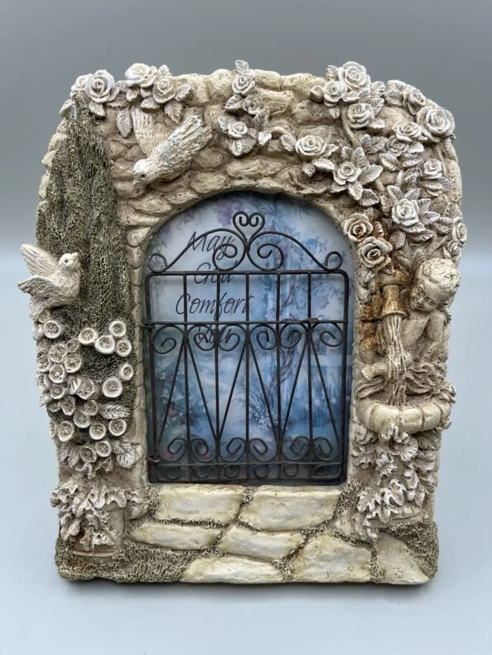 Y2K 3D Resin Victorian Gated Garden Hand Painted Easel Frame Cherub 4x6 Memorial